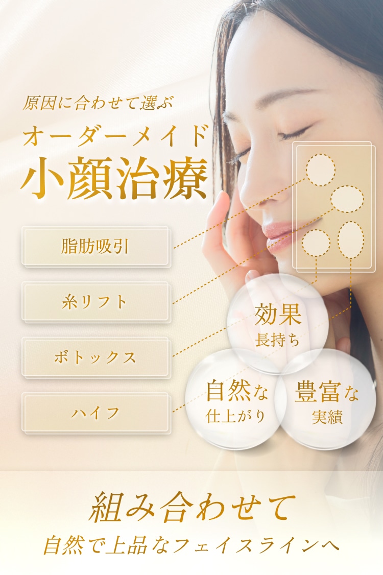 原因に合わせて選ぶ オーダーメイド小顔治療 脂肪吸引 糸リフト ボトックス ハイフ 効果長持ち 自然な仕上がり 豊富な実績