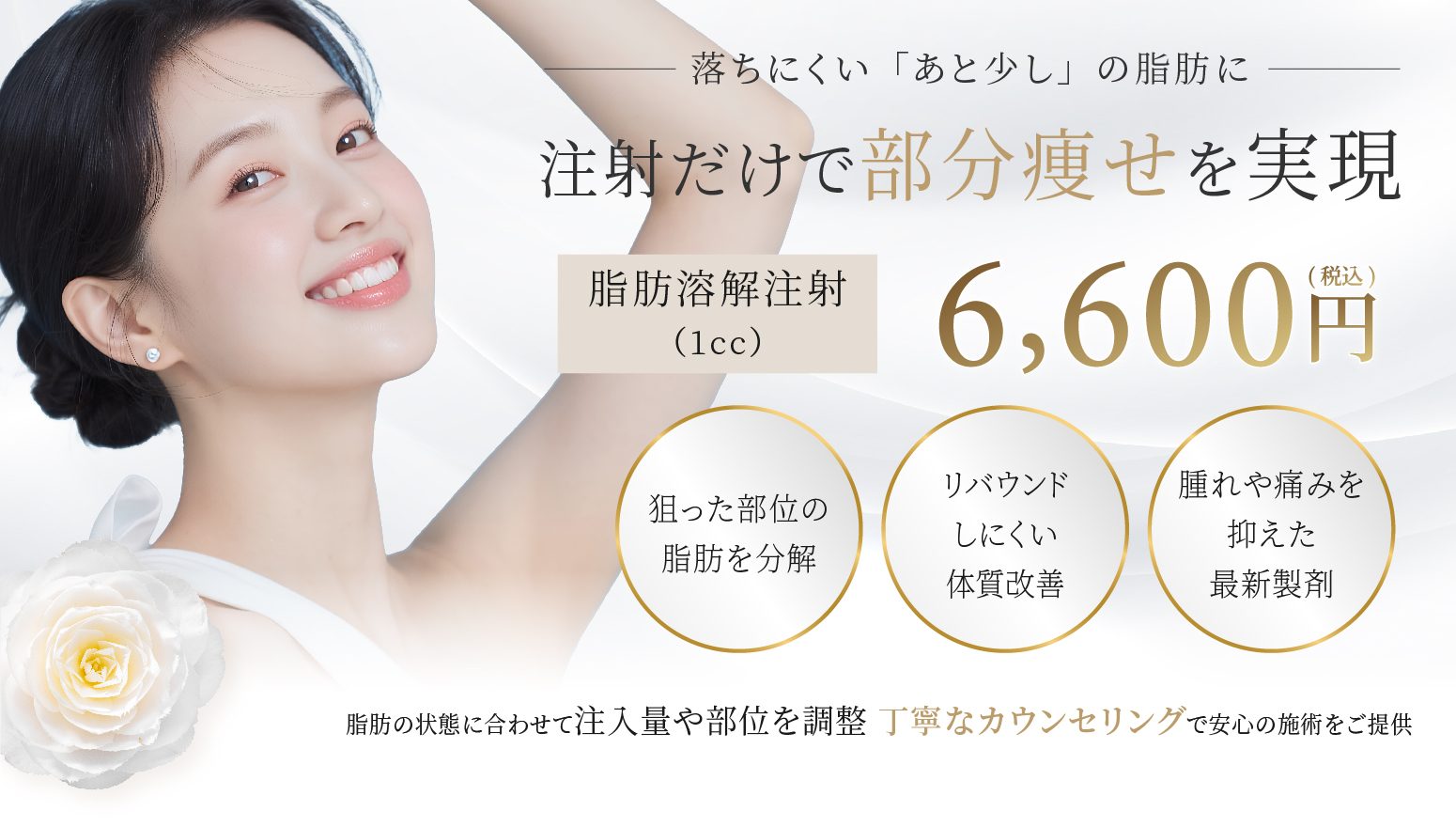 注射だけで部分痩せを実現 脂肪溶解注射 6,600円 （税込）