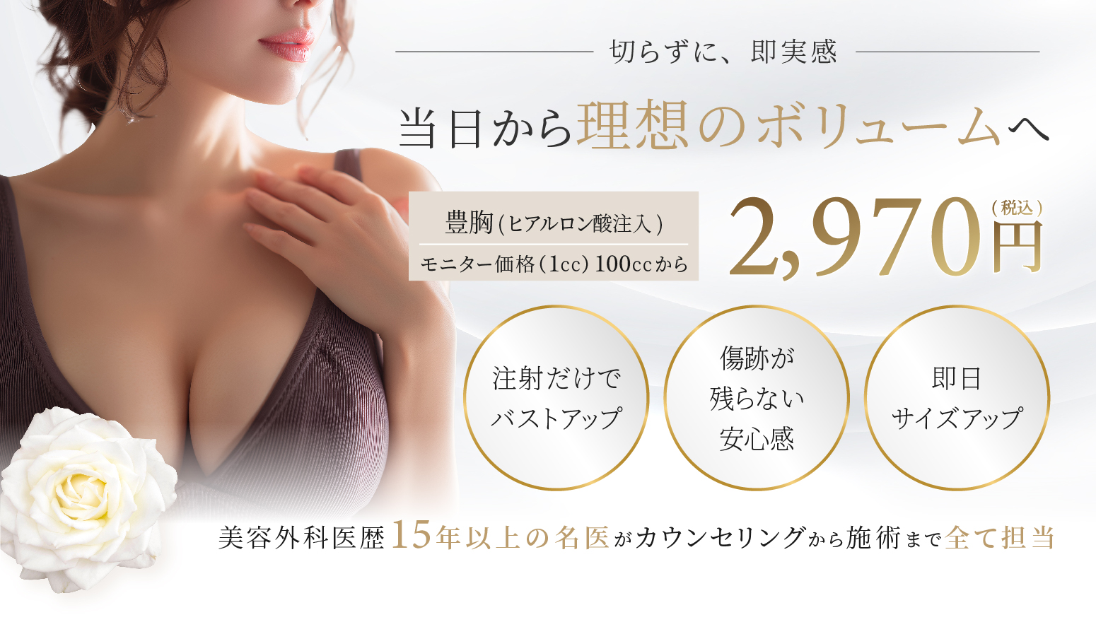 当日から理想のボリュームへ 豊胸（ヒアルロン酸注入）モニター価格（1cc） 100ccから 2,970円(税込)